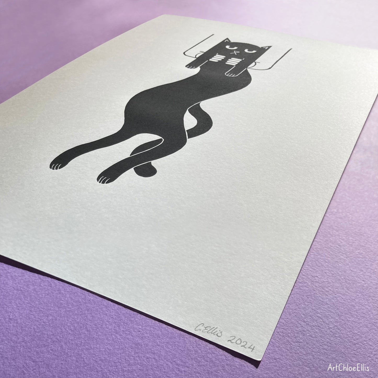 Wiggly Cat – A3 Original Lino-Print