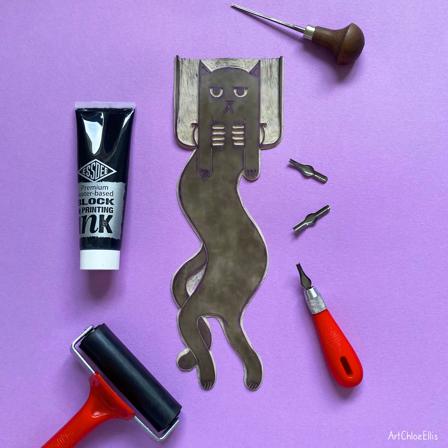 Wiggly Cat – A3 Original Lino-Print