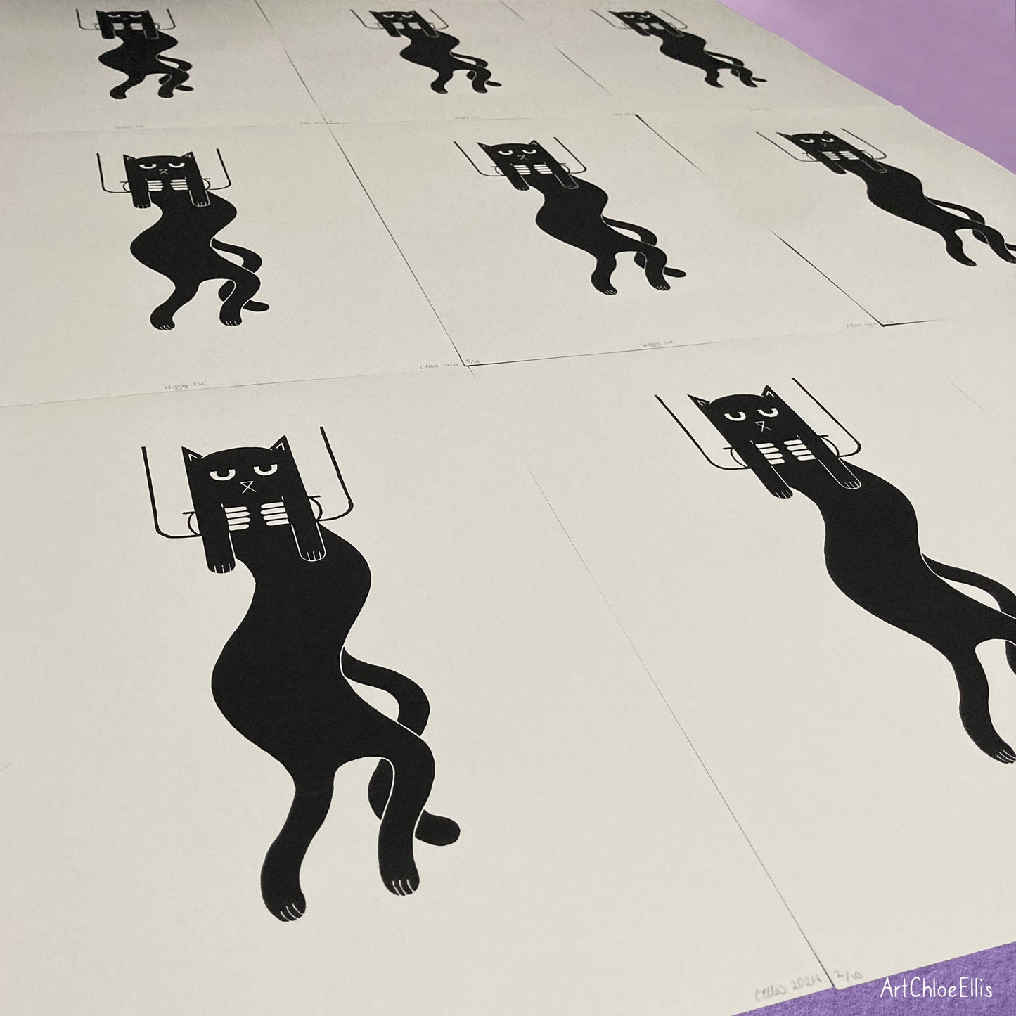 Wiggly Cat – A3 Original Lino-Print