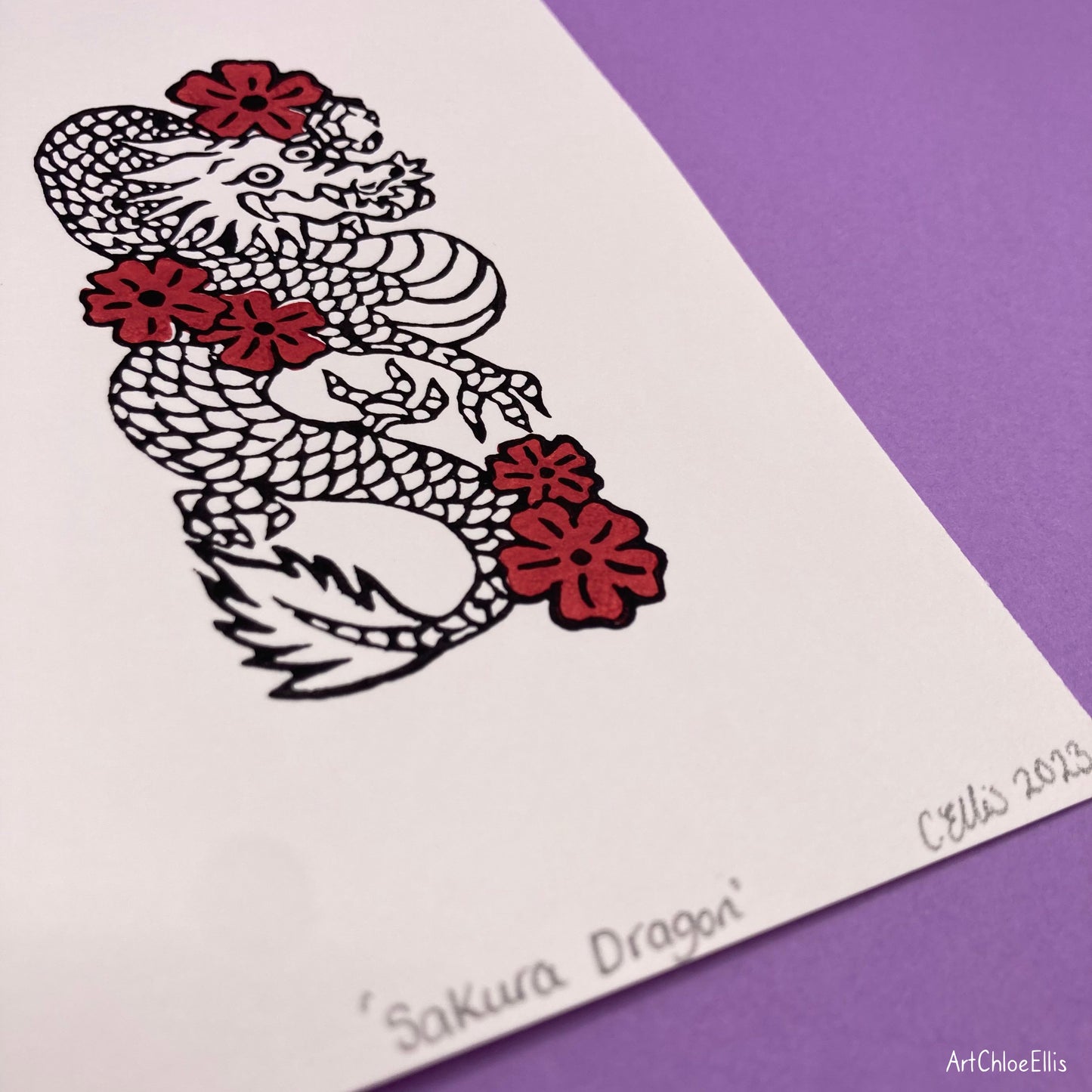 Sakura Dragon – A6 Original Lino-Print