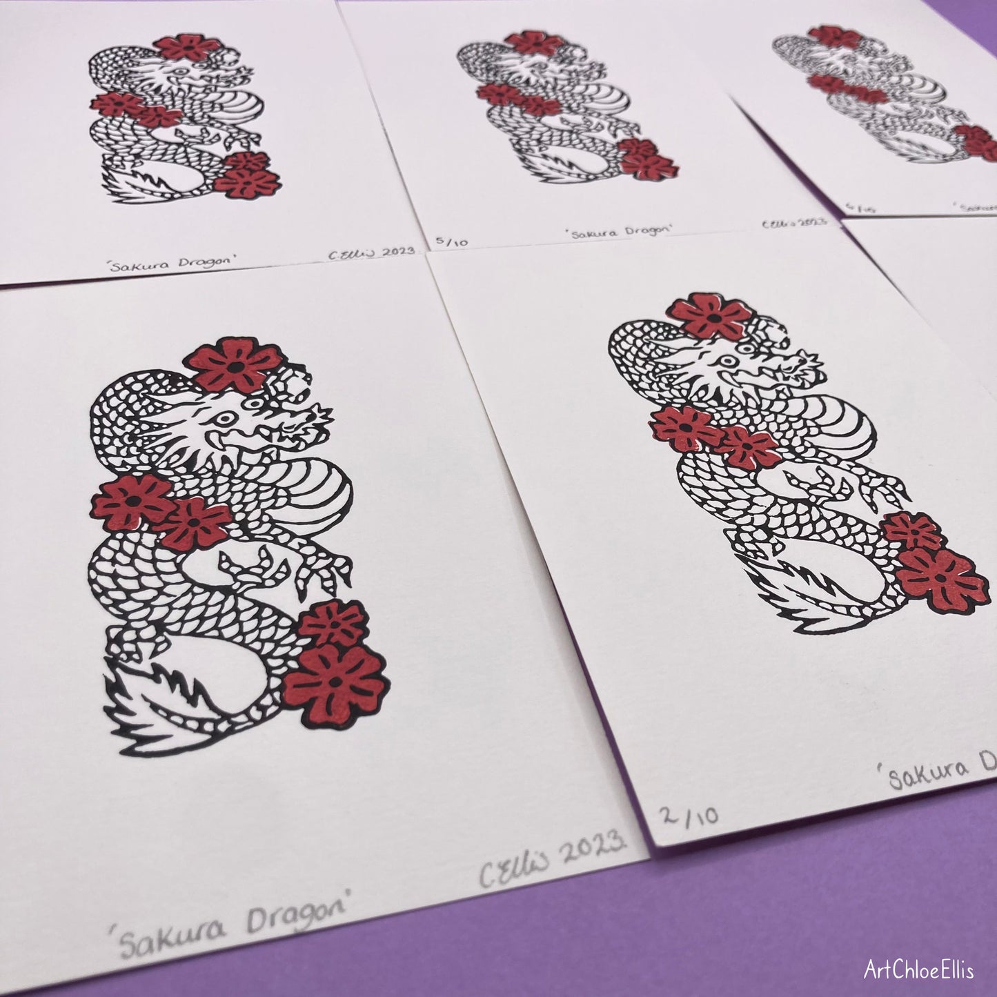 Sakura Dragon – A6 Original Lino-Print