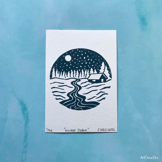 Winter Cabin – A7 Original Lino-Print