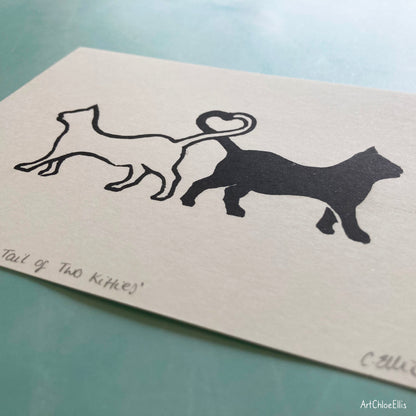 A Tail of Two Kitties – A6 Original Lino-Print