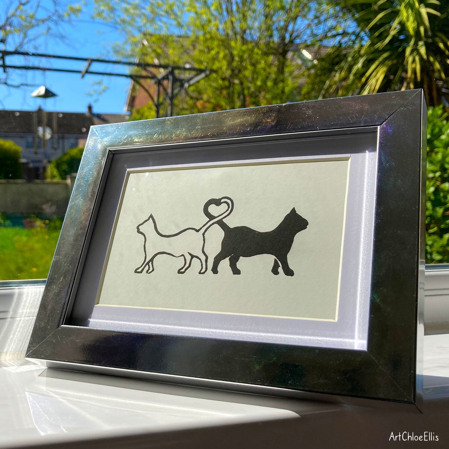 A Tail of Two Kitties – A6 Original Lino-Print